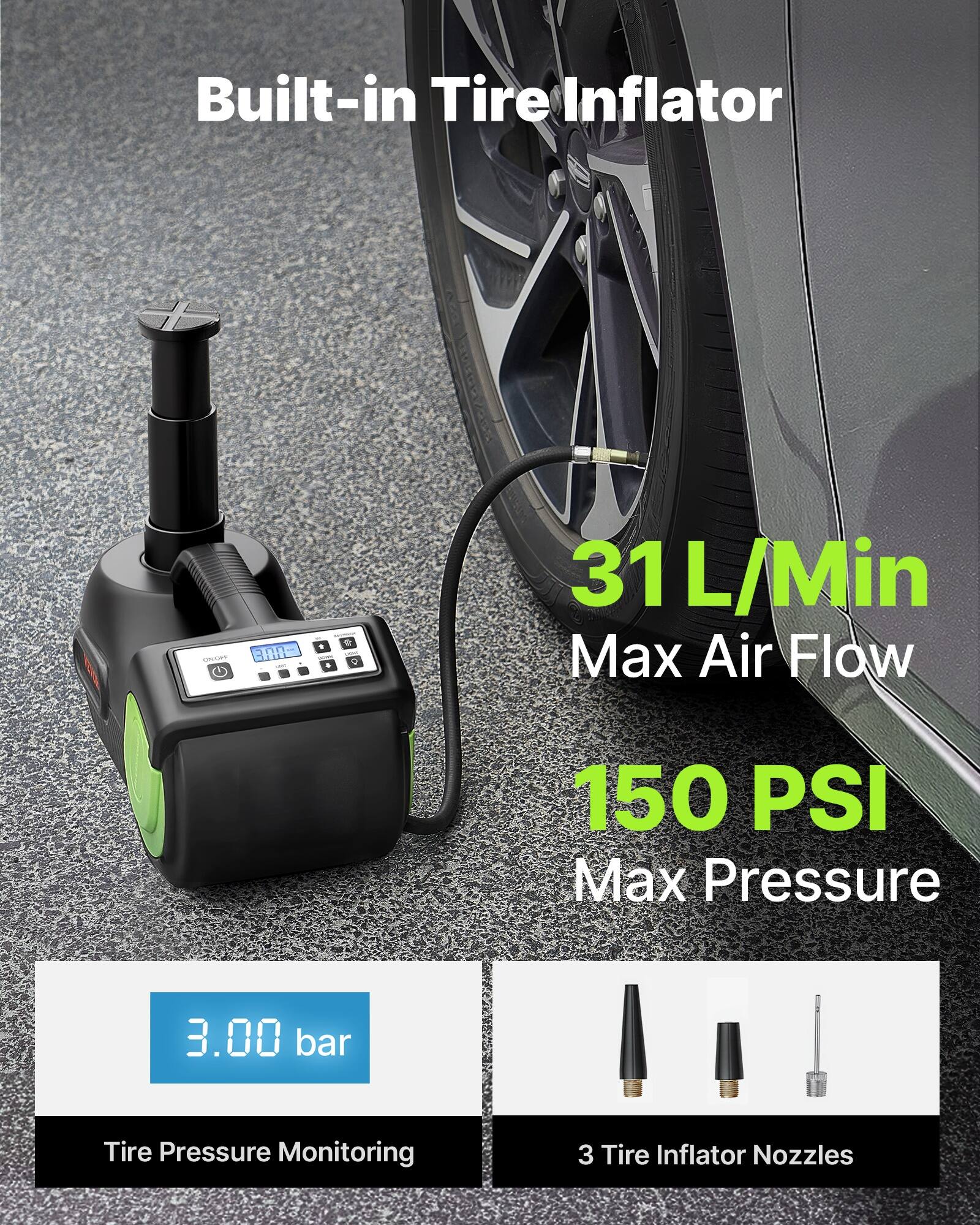 Built-in Tire Inflator

- 31 L/Min Max Air Flow
- 150 PSI Max Pressure
- 3.00 bar
- Tire Pressure Monitoring
- 3 Tire Inflator Nozzles