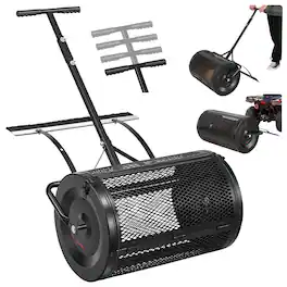 VEVOR - Compost Spreader, 24" Wide Peat Moss Spreader with Push/Tow Handle & Brush, 4 Heights Adjustable - Black