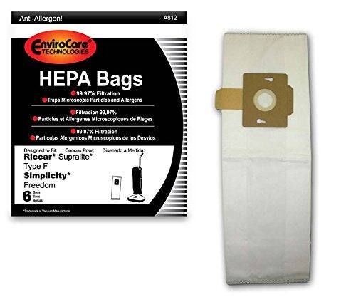 Anti-Allergen!  
EnviroCore TECHNOLOGIES HEPA Bags  
99.97% Filtration Traps Microscopic Particles and Allergens  
Filtracion 99,97% Particulas et Allergenes Microscopiques de Pieges  
Filtracion Particulas Alergenicos Microscopicos de los Desvios  

Designed to Fit:  
Conous Pour:  
Riccar*  
Supralite*  
Type F  
Simplicity*  
Freedom Bags 6  

A812