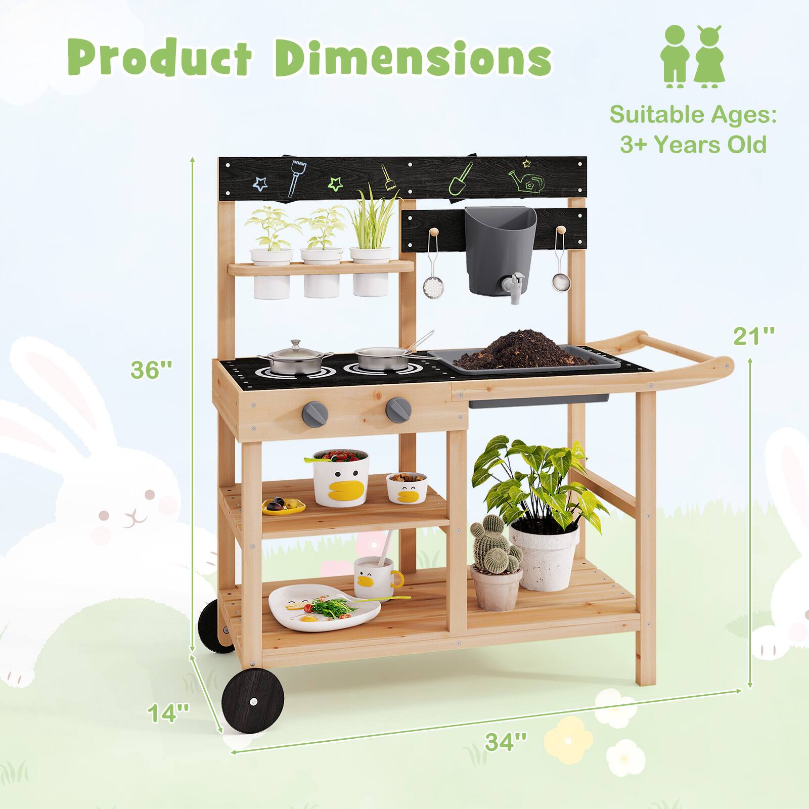 Product Dimensions  
Suitable Ages: 3+ Years Old  

36"  
21"  
14"  
34"