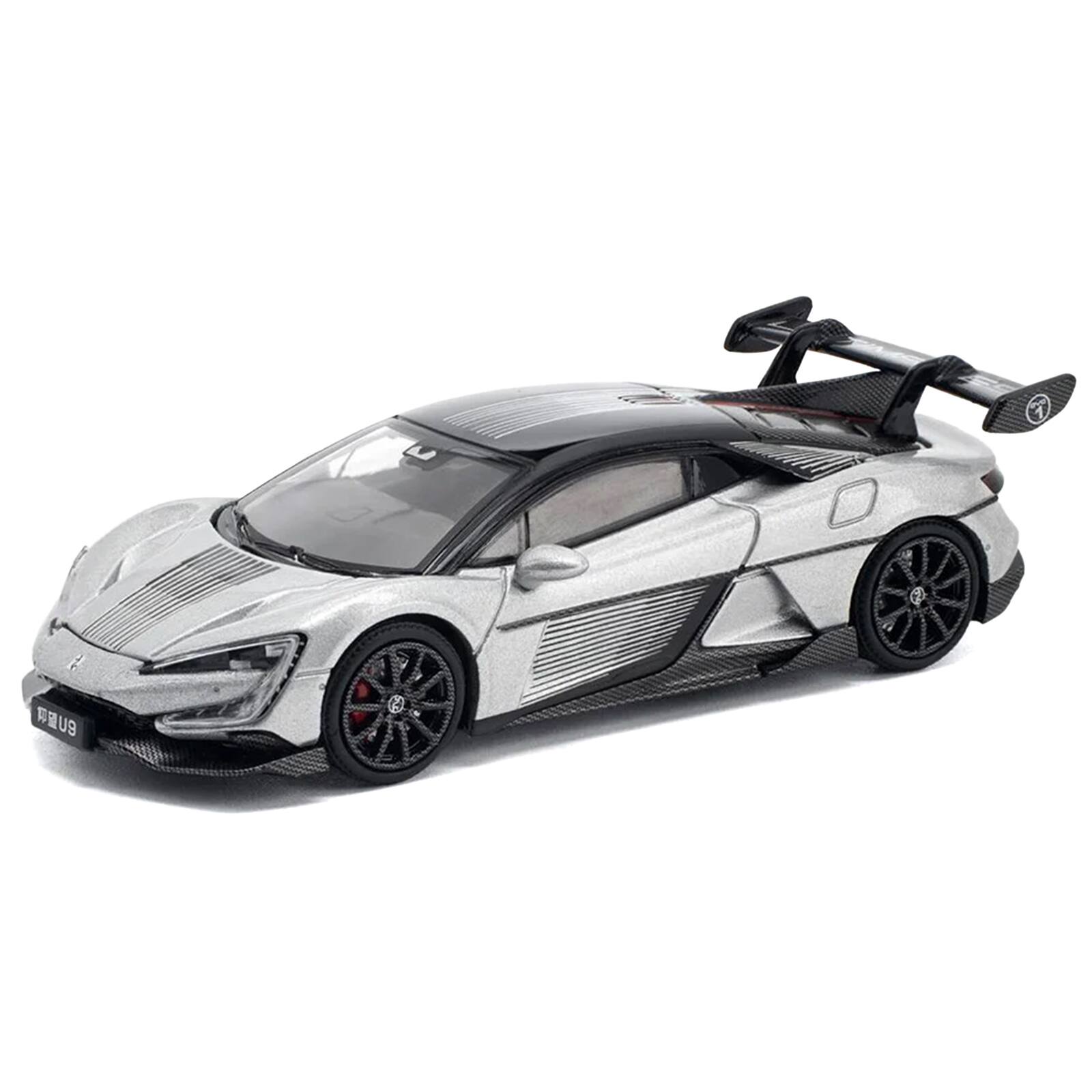Alt View 4. Pop Race - Yangwang U9 Silver Metallic with Black Top and Stripes 1/64 Diecast Model Car by Pop Race.