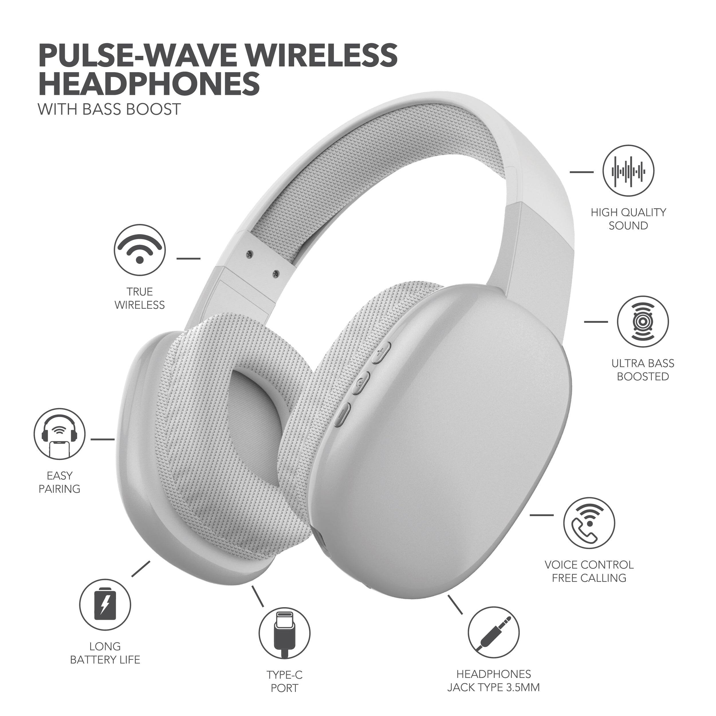 Pulse-Wave Wireless Headphones with Bass Boost, True Wireless, High Quality Sound, Ultra Bass Boosted, Easy Pairing, Voice Control, Free Calling, Long Battery Life, Type-C Port, Headphone Jack Type 3.5mm.