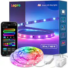 Lepro Smart LED Strip Lights are shown in the image, which are compatible with Alexa and Google Assistant. The lights come with a Lepro APP and have a precise view. They are available in a 30 m / 100 ft length and have a rightward gradient color. The lights are designed to provide a gradual lighting effect, making them suitable for various applications such as home decoration or event lighting.