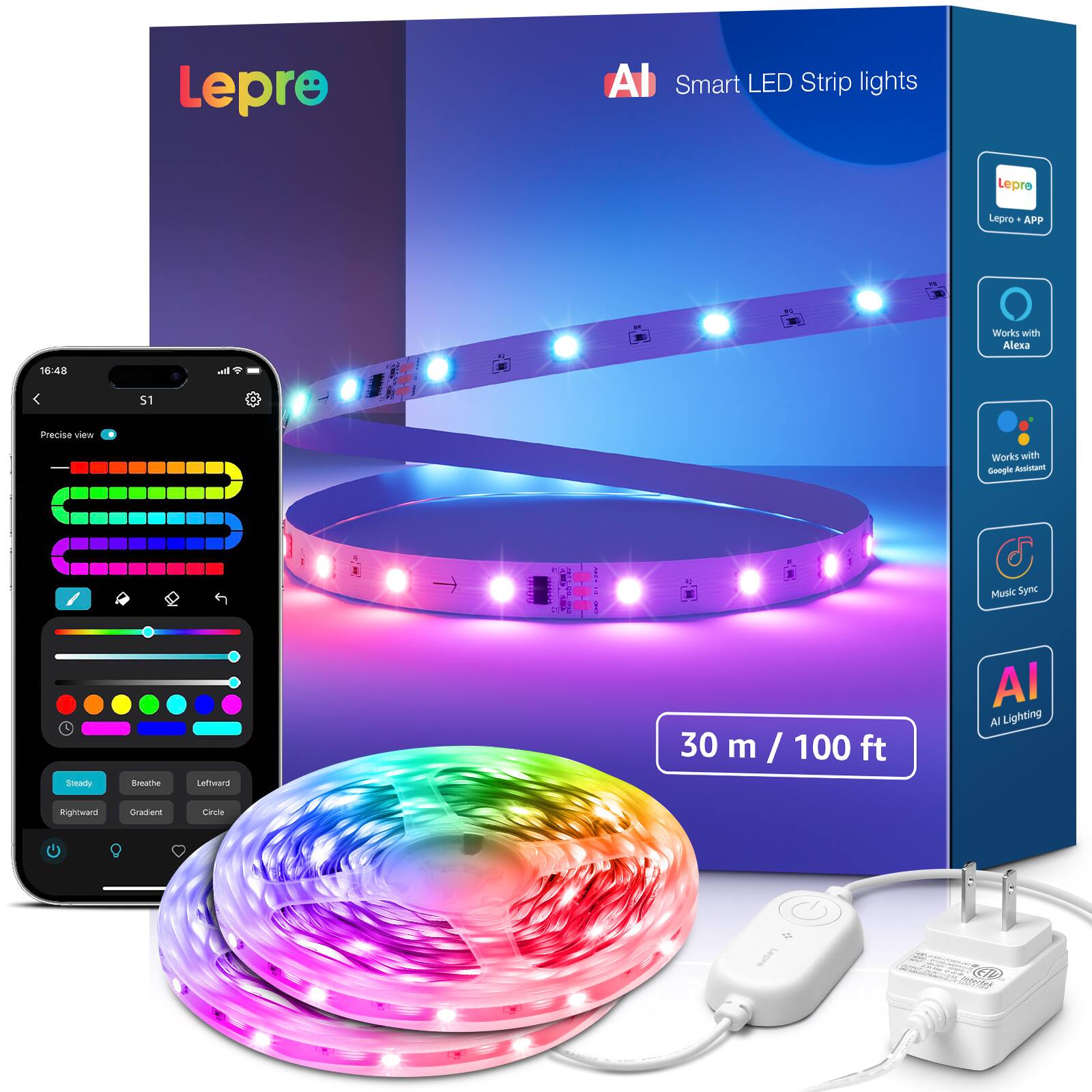Lepro - S1 100ft. AI Smart LED RGBIC Strip Lights, Wi-Fi Bluetooth APP Control - Multicolor