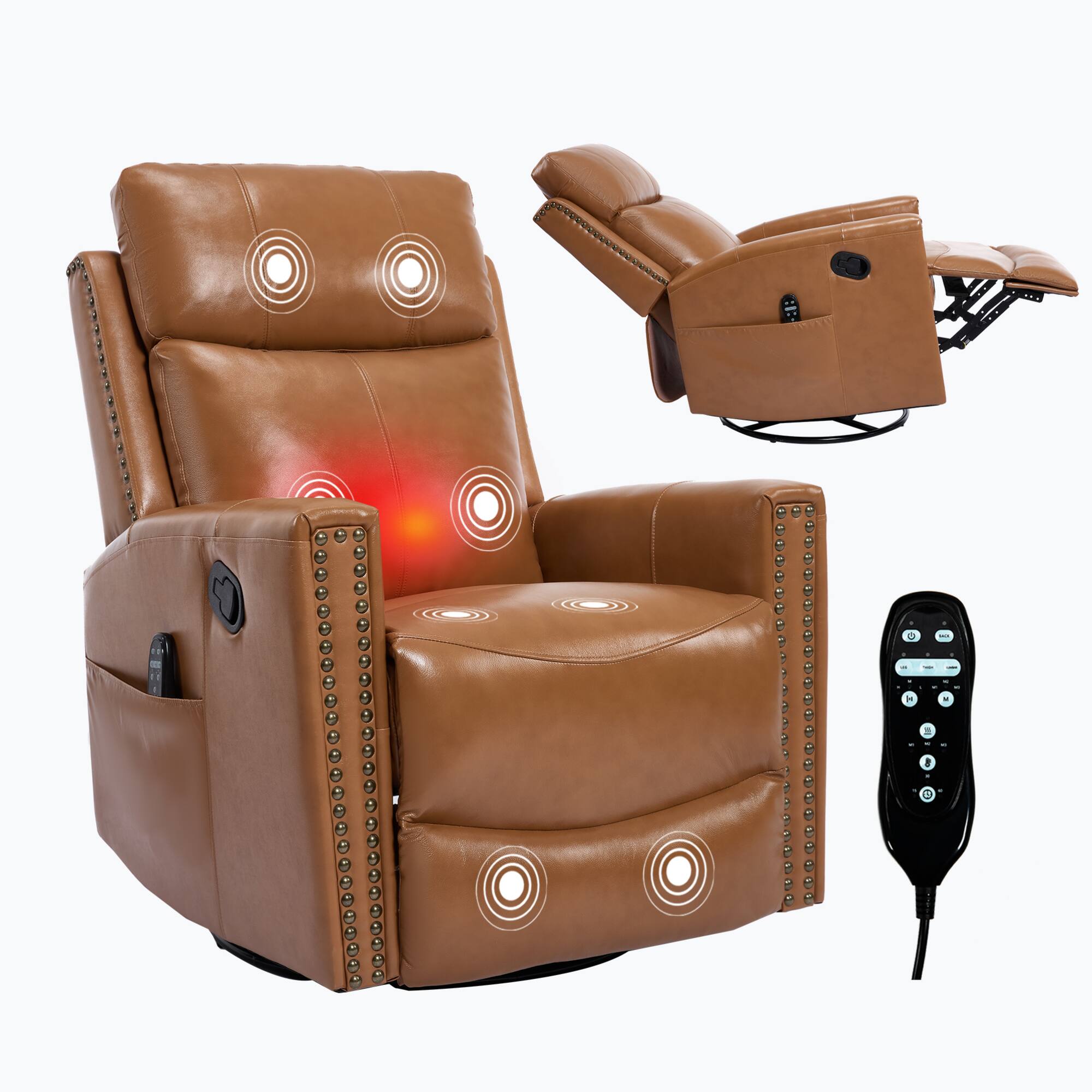 Alt View 9. GOODSILO - Premium Genuine Leather Massage Recliner Chair with Swivel and Rocking Function for Ultimate Comfort - Orange.