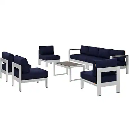 Front. Modway - Shore 7-Piece Outdoor Patio Sectional Sofa Set - Silver Navy.