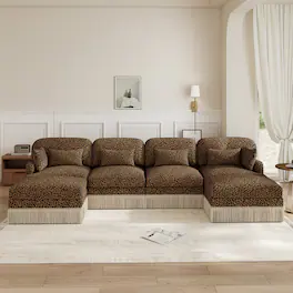 Anysun - 131" Comfy Chenille Leopard Print U-Shaped Modern Fashion Sofa – Delicate Tassel Edge, Movable Ottomans, Easy Assembly - Brown