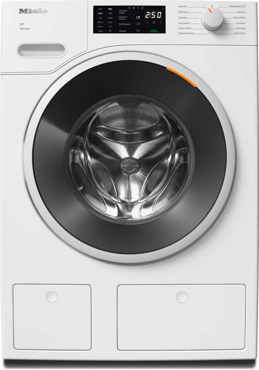 The image features a Miele W1 TwinDos Bend washing machine with a large drum and a digital display. The machine has a variety of settings, including TwinDos Colors, SoftSteam, Buzzer, and Handwash. It is designed to handle different types of laundry, such as delicates, sanitize, and darks/denims. The machine also has a mobile start feature and an express wash option.