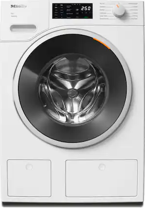 The image features a Miele W1 TwinDos Bend washing machine with a large drum and a digital display. The machine has a variety of settings, including TwinDos Colors, SoftSteam, Buzzer, and Handwash. It is designed to handle different types of laundry, such as delicates, sanitize, and darks/denims. The machine also has a mobile start feature and an express wash option.