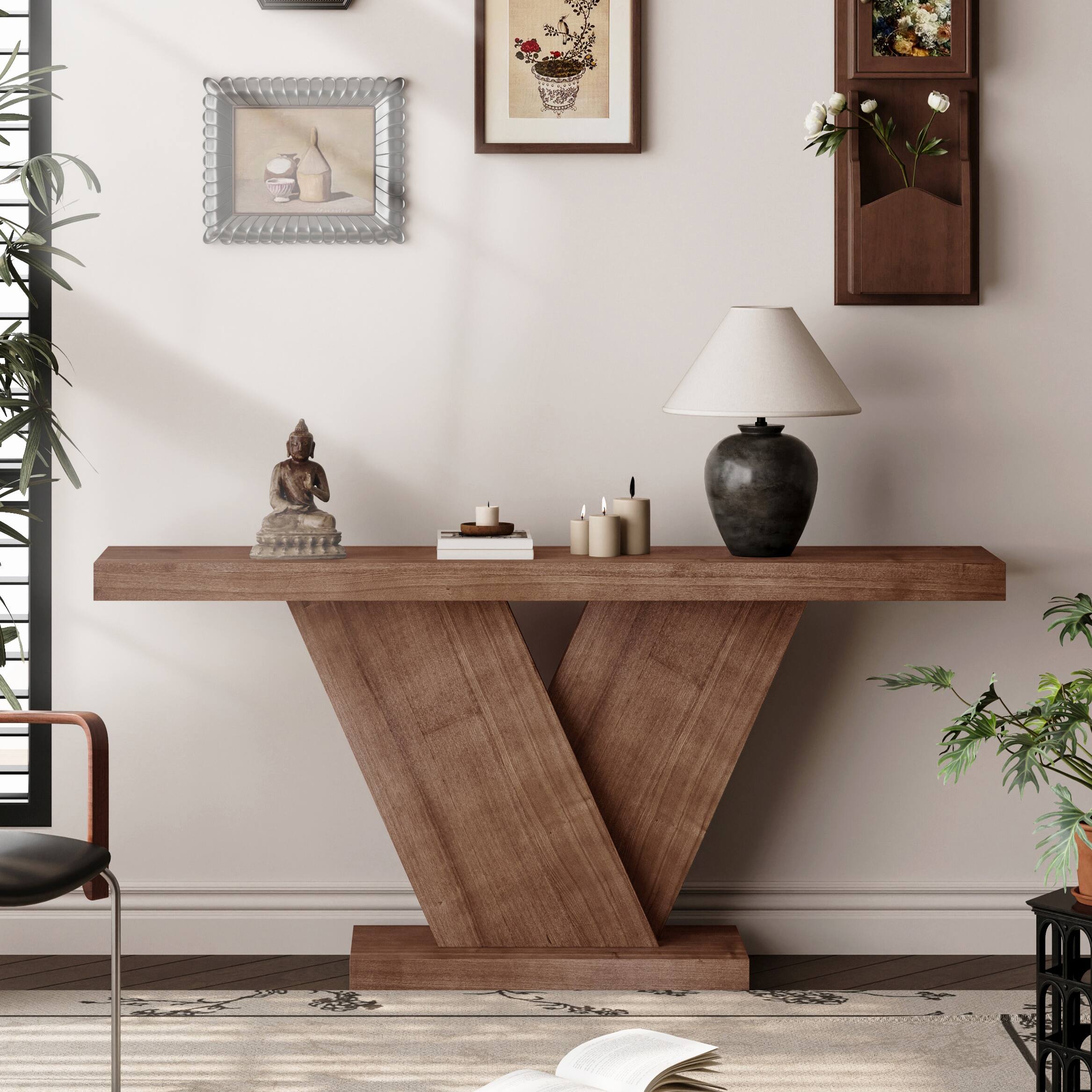 Left. Loheer - Loheer Console Table, 66 Inch Walnut X Leg Console Table, Modern Narrow Hallway Entryway Sofa Table - Walnut.
