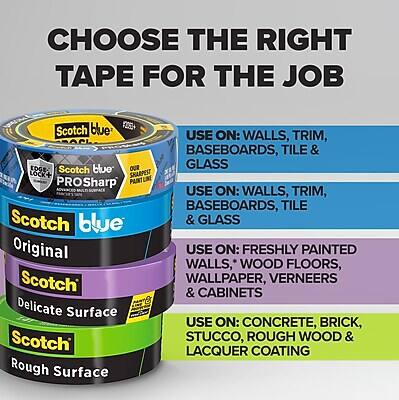 **CHOOSE THE RIGHT TAPE FOR THE JOB**

**Scotch blue PROSharp PAINT TAPE**
- USE ON: WALLS, TRIM, BASEBOARDS, TILE & GLASS

**Scotch blue Original TAPE**
- USE ON: WALLS, TRIM, BASEBOARDS, TILE & GLASS

**Scotch Original Delicate Surface TAPE**
- USE ON: FRESHLY PAINTED WALLS, WOOD FLOORS, WALLPAPER, VENEERS & CABINETS

**Scotch Rough Surface TAPE**
- USE ON: CONCRETE, BRICK, STUCCO, ROUGH WOOD & LACQUER COATING