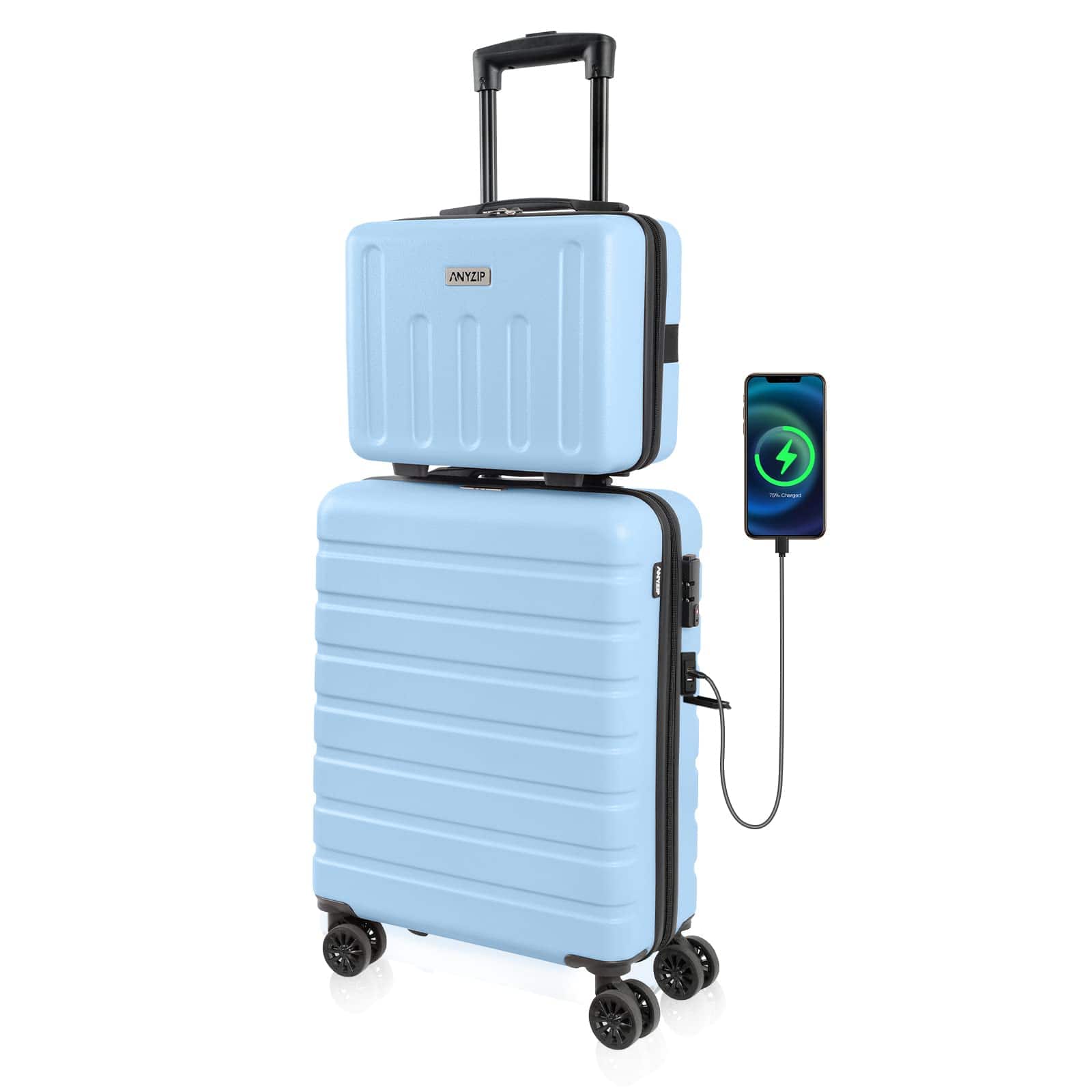 Brick Attic - 20" Carry On Luggage 14" Mini Cosmetic Cases Luggage Sets Hardside PC ABS Lightweight USB Suitcase with Wheels TSA - Light Blue