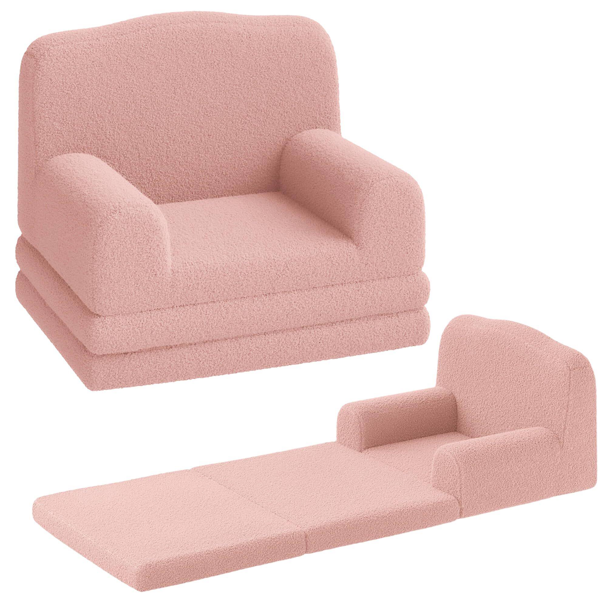 Front. Jojoka - Kids Sofa Chair, Sherpa Convertible Toddler Couch with Washable Cover, Crown Design Comfy - Pink.