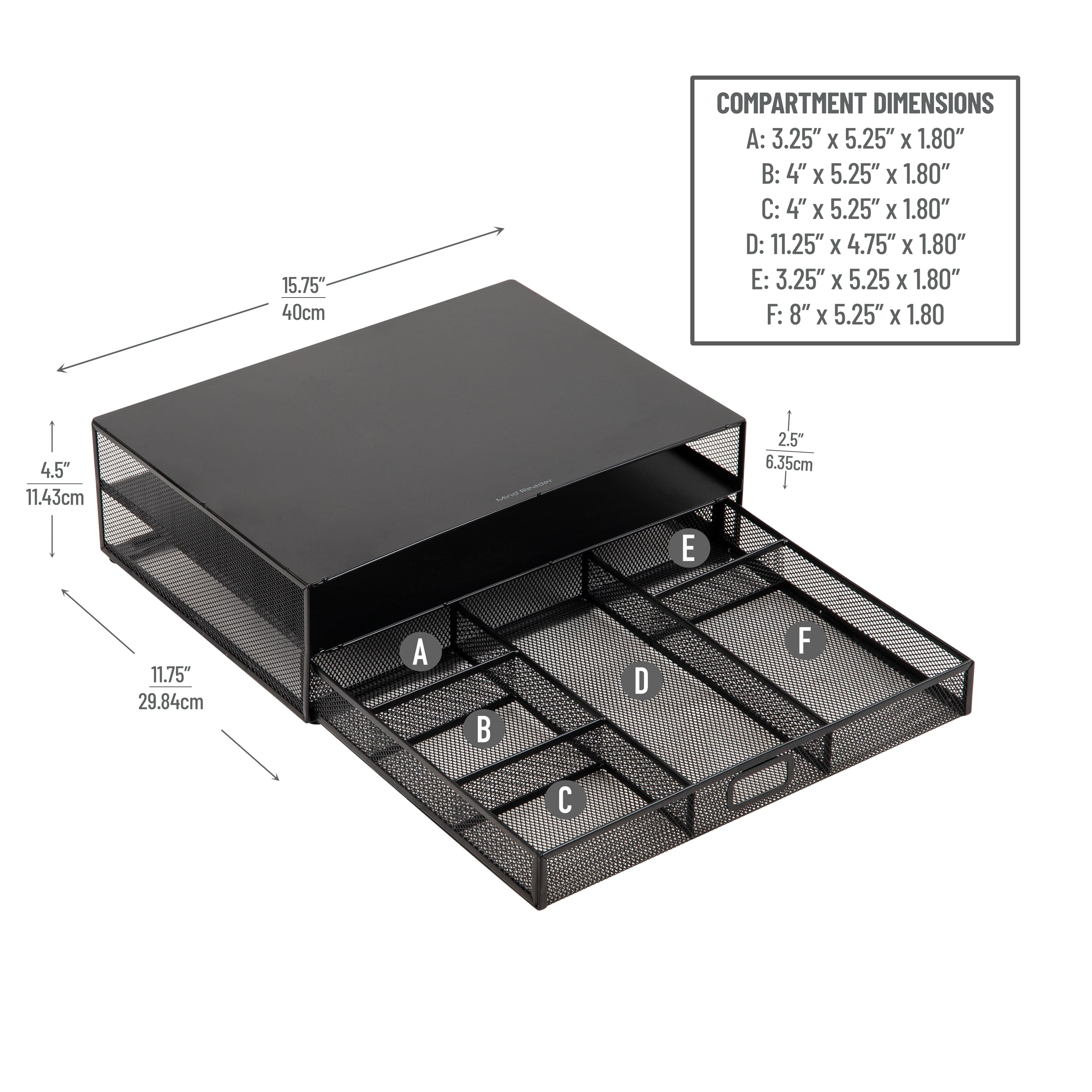 The image shows a black compartment box with various compartments labeled A, B, C, D, E, F. The box is designed to hold items of different sizes, and the compartments are labeled with their corresponding dimensions. The largest compartment, D, measures 11.25" x 4.75" x 1.80" while the smallest compartment, E, measures 3.25" x 5.25" x 1.80". The other compartments, A, B, C, and F, have varying dimensions, providing a range of storage options for different items.