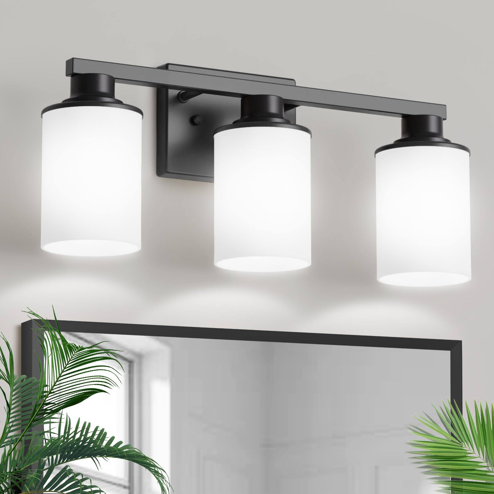 Front. Earthley Blooms - And Bathroom Light Fixtures Inch Modern Vanity Lights Over Mirror With Clear Glass Shade For Etl Listed - Black & Milky White 3-Light.