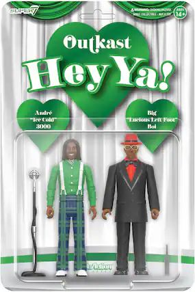 Sure, here is the corrected and grouped text from the image:
---
**SUPER7**
**Outkast Hey Ya!**
**André "Ice Cold" 3000**
**Big "Lucious Left Foot" Boi**
**WARNING: CHOKING HAZARD**
**ADULT COLLECTIBLE - NOT A TOY**
**AGES 14+**
**ReAction**
**FIGURES**
---