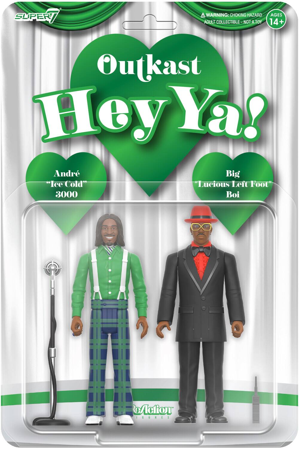 Sure, here is the corrected and grouped text from the image:

---

**SUPER7**

**Outkast Hey Ya!**

**André "Ice Cold" 3000**

**Big "Lucious Left Foot" Boi**

**WARNING: CHOKING HAZARD**  
**ADULT COLLECTIBLE - NOT A TOY**  
**AGES 14+**

**ReAction**

**FIGURES**

---