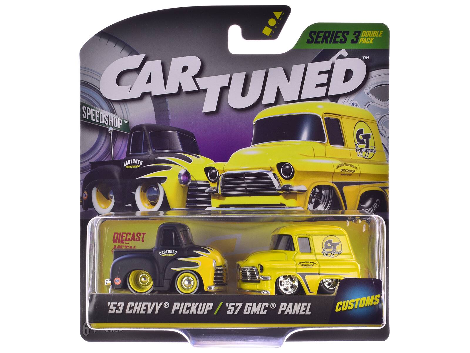 CAR TUNED  
SPEEDSHOP  
SERIES 3 DOUBLE PACK  
TM  

DIECAST METAL  
'53 CHEVY PICKUP / '57 GMC PANEL CUSTOMS  

CARTUNED SPEEDSHOP  
GT Equipment  
CUSTOMS