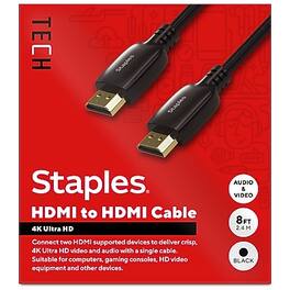 Staples TECH - 8 ft. HDMI to HDMI Audio/Video Cable, Male to Male - Black