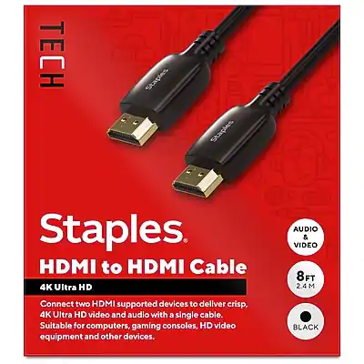 **TECH Staples**
**Staples HDMI to HDMI Cable**
**4K Ultra HD**
Connect two HDMI supported devices to deliver crisp, 4K Ultra HD video and audio with a single cable. Suitable for computers, gaming consoles, HD video equipment and other devices.
- **8 FT (2.4 M)**
- **AUDIO & VIDEO**
- **BLACK**