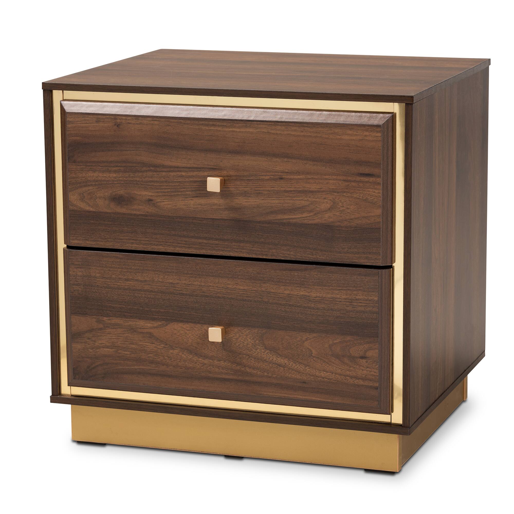 Front. Baxton Studio - Cormac Mid-Century Modern Transitional Finished Wood and Gold Metal 2-Drawer Nightstand - Walnut Brown/Gold.