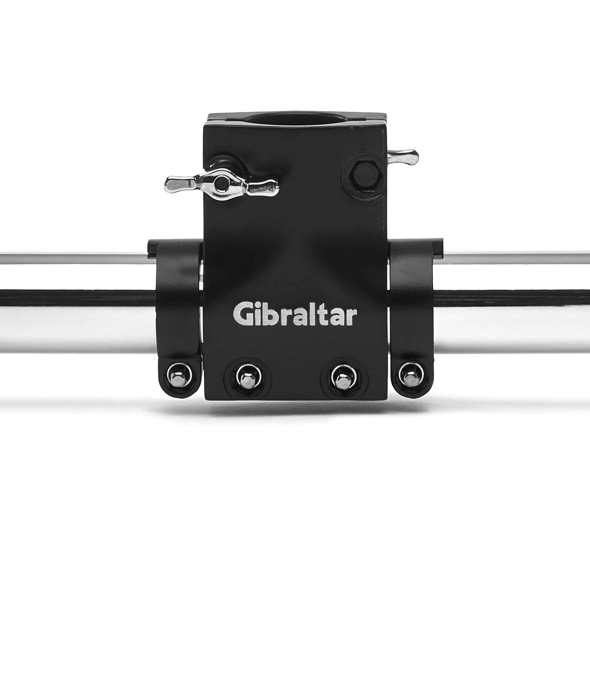 Back. Gibraltar Hardware - Road Series 1.5" Black Drum Rack T Clamp, Two-Piece Shell Design, Connects Rack Bars at 90 Degree Angle.