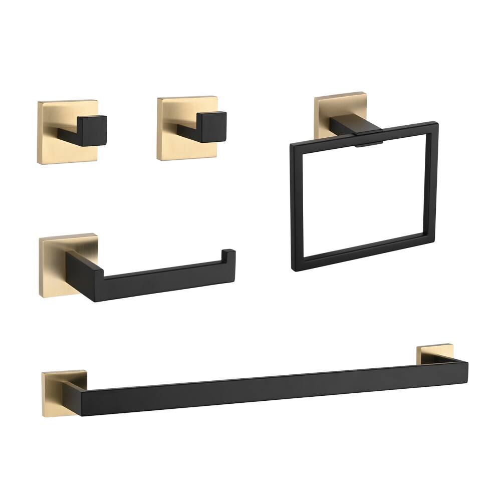 Front. JUJABU - 5-Piece Bathroom Set Towel Bar + Ring + Hooks + TP Holder, Black + Gold - Black + Gold.