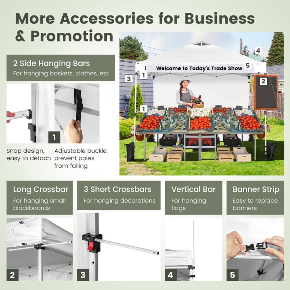 More Accessories for Business & Promotion

1. 2 Side Hanging Bars
   - For hanging baskets, clothes, etc

2. Long Crossbar
   - For hanging small blackboards

3. 3 Short Crossbars
   - For hanging decorations

4. Vertical Bar
   - For hanging flags

5. Banner Strip
   - Easy to replace banners

Snap design, Adjustable buckle, easy to detach prevent poles from falling

Welcome to Today's Trade Show