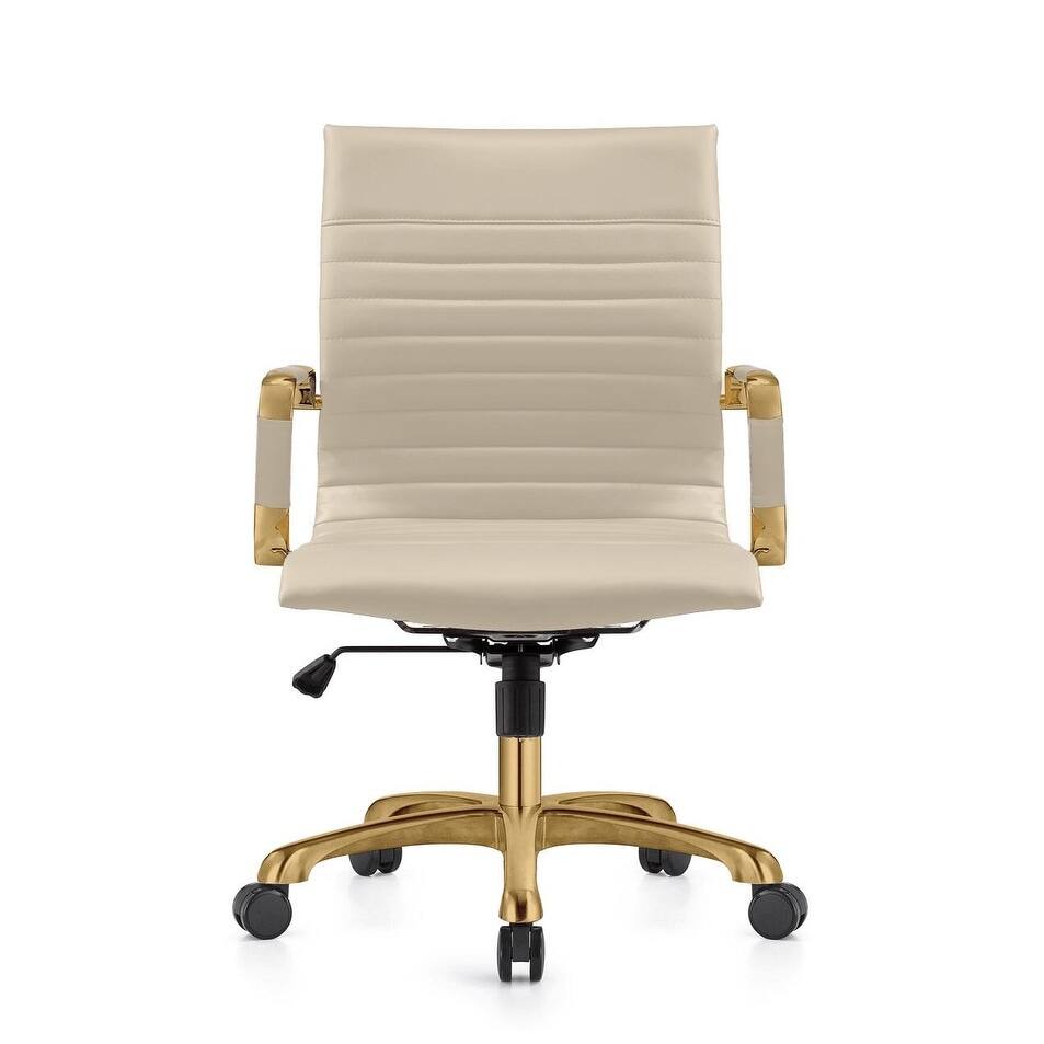Left. LeisureMod - Harris Mid-Back Office Chair, Leather Upholstery with Gold Metal Frame Modern Armless Desk Chair for Conference Seating - Tan.