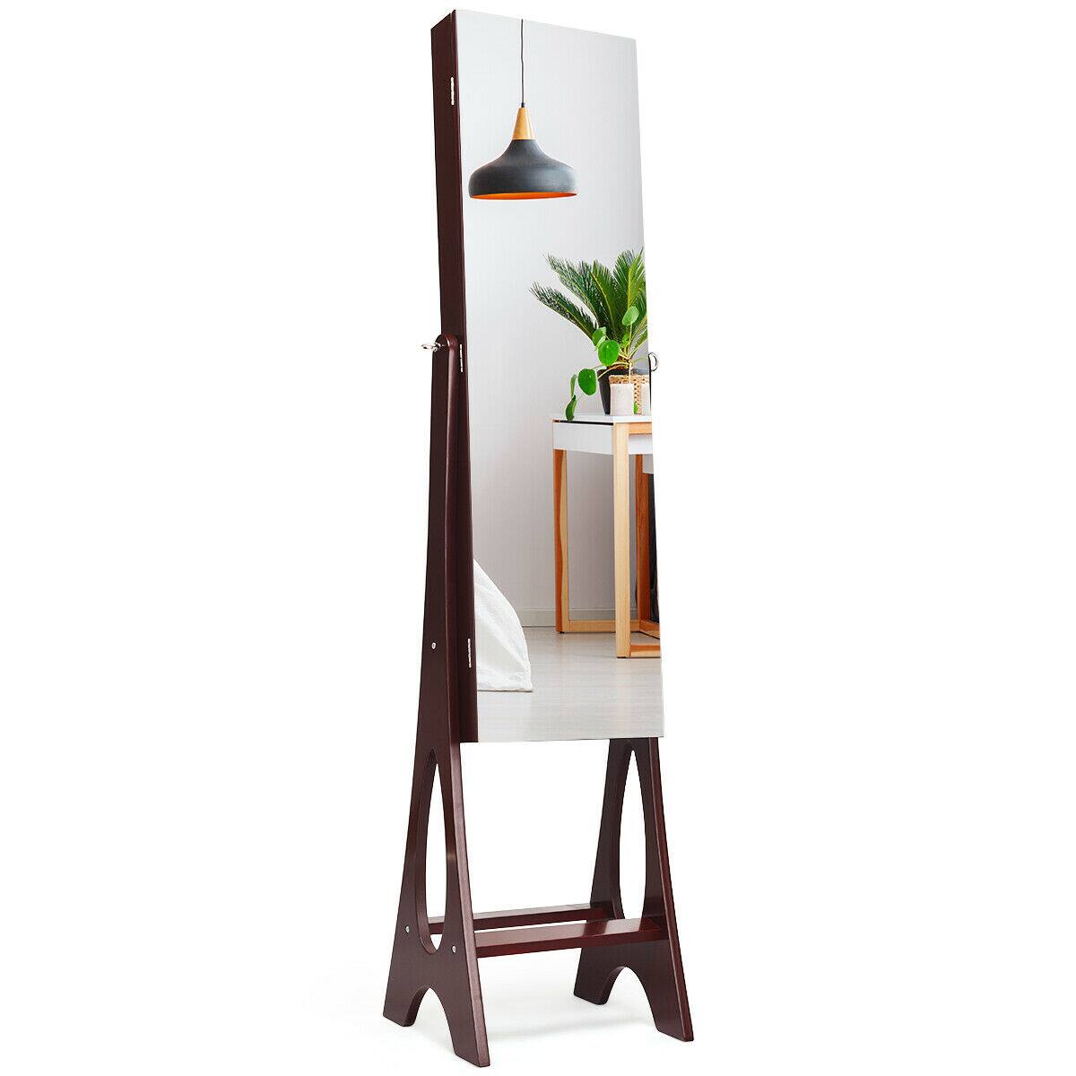 Alt View 18. Costway - LED Jewelry Cabinet Organizer Bevel Edge Mirrored Standing Brown - Reddish Brown.