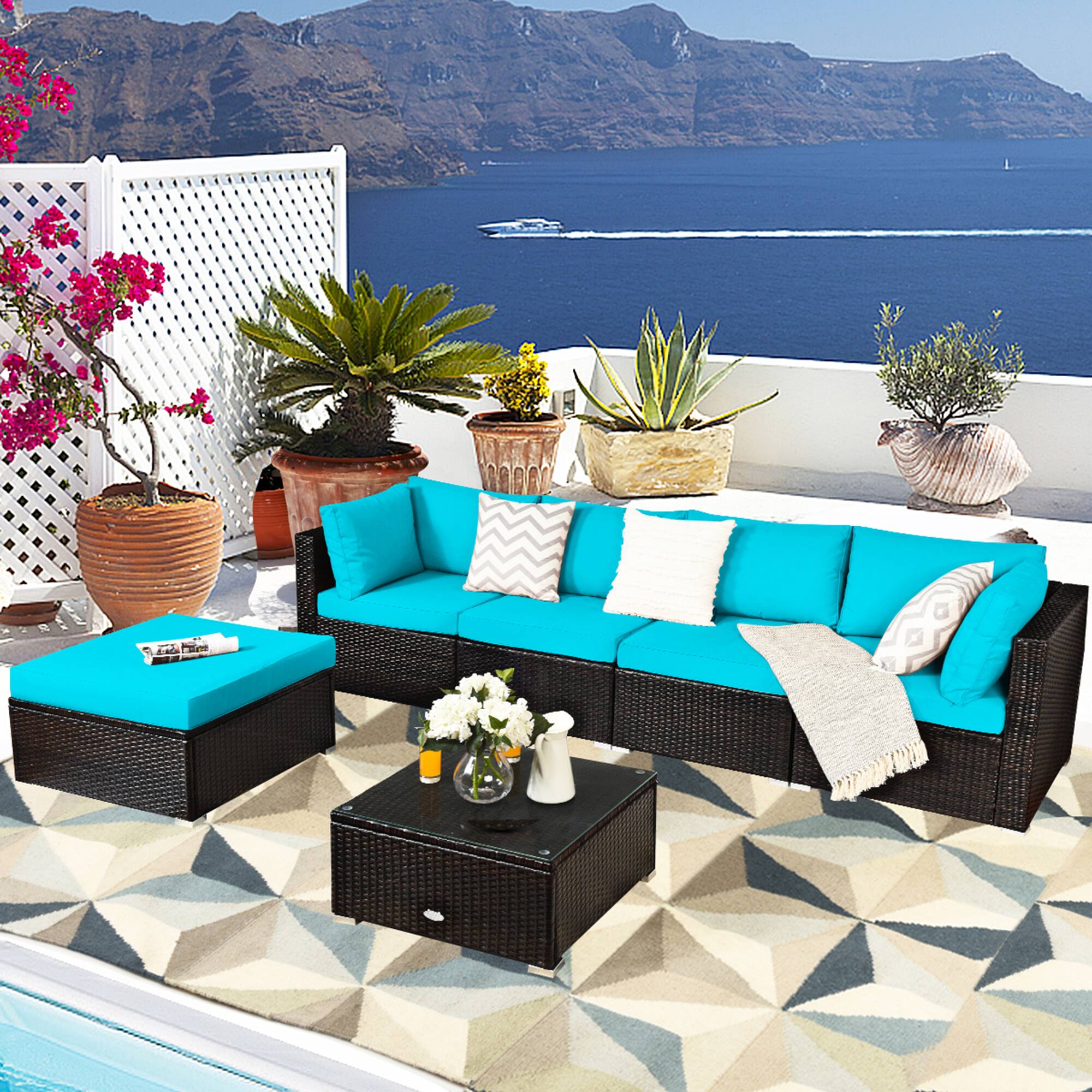 Alt View 3. Gymax - Gymax 6PCS Rattan Patio Sectional Sofa Set Outdoor Furniture Set w/ Turquoise Cushions - Turquoise.