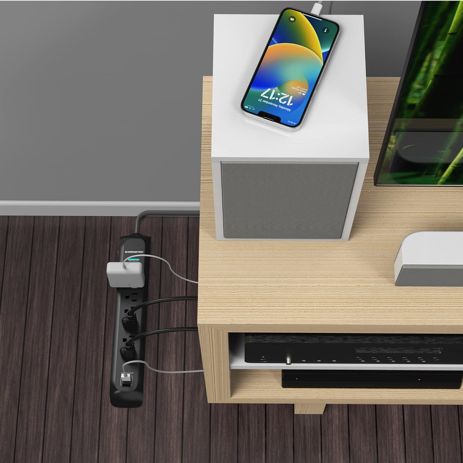 Alt View 4. Monster - 6ft Heavy Duty Power Strip and Tower Surge Protector, 1200 Joule Rating, 6 120V-Outlets, and 2 USB-A Ports - Black.