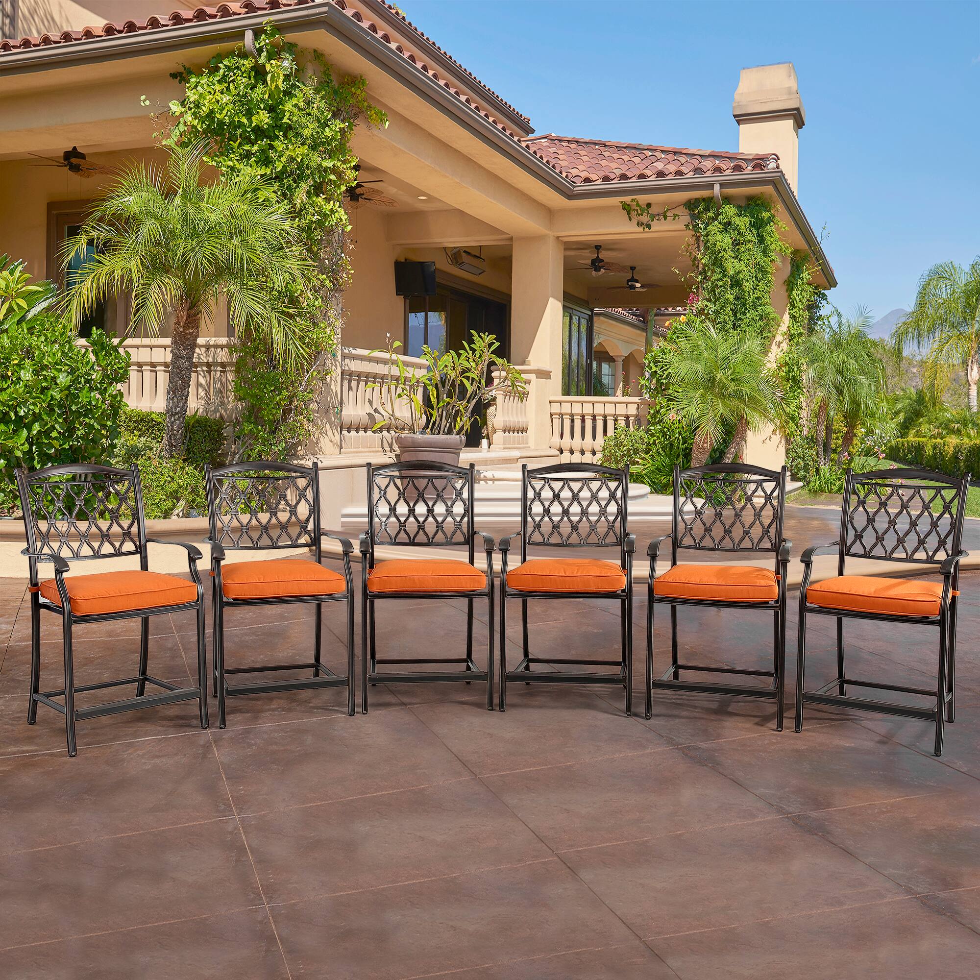 Angle. Mondawe - 6 Pieces Cast Aluminum Diamond-Mesh Curved Backrest Dining Bar High Chairs - Black.