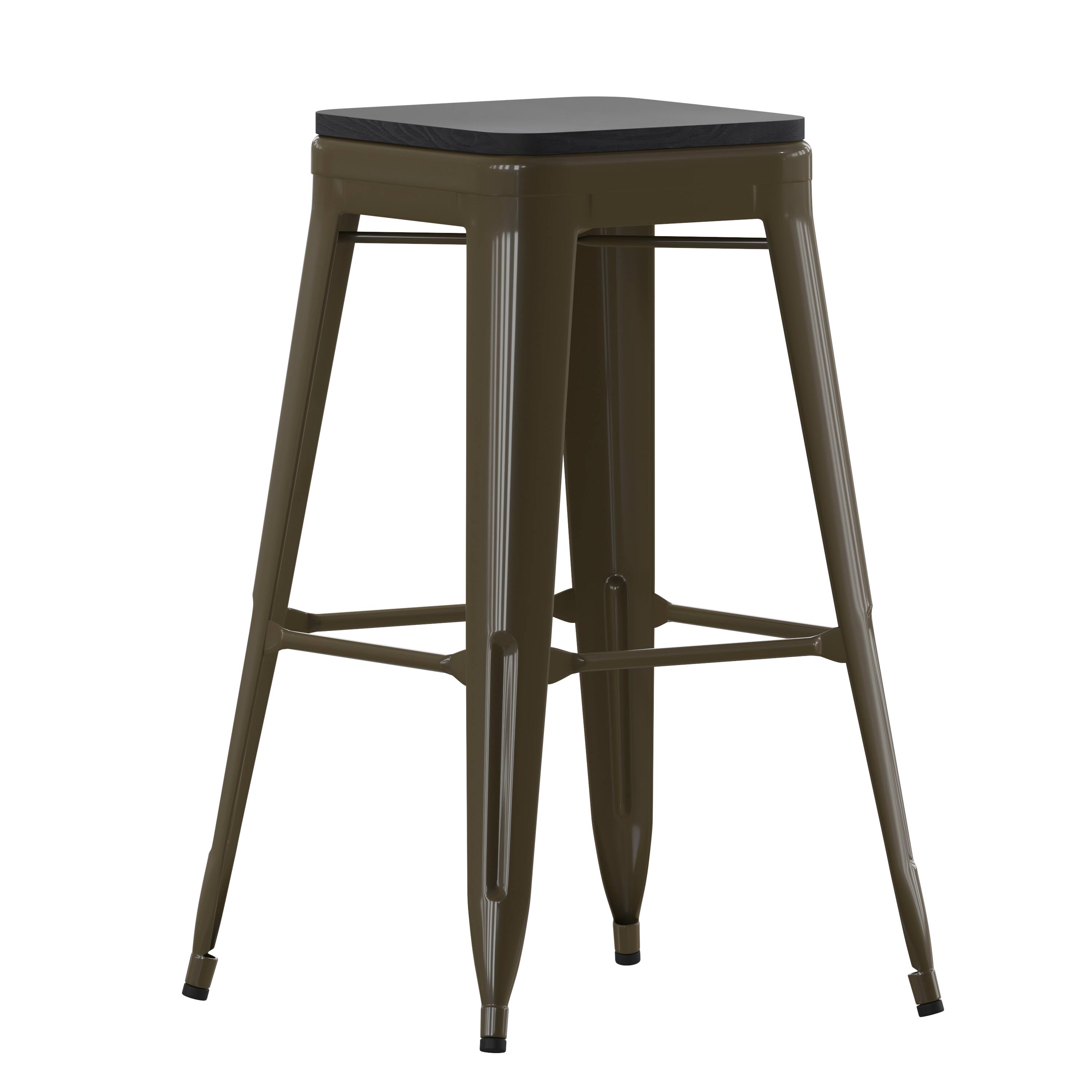 Alt View 1. Emma + Oliver - Cory Set of Four Backless Metal Stools with All-Weather Poly Resin Seats for Indoor Use Only - Black Resin Wood Seat/Gun Metal Frame.