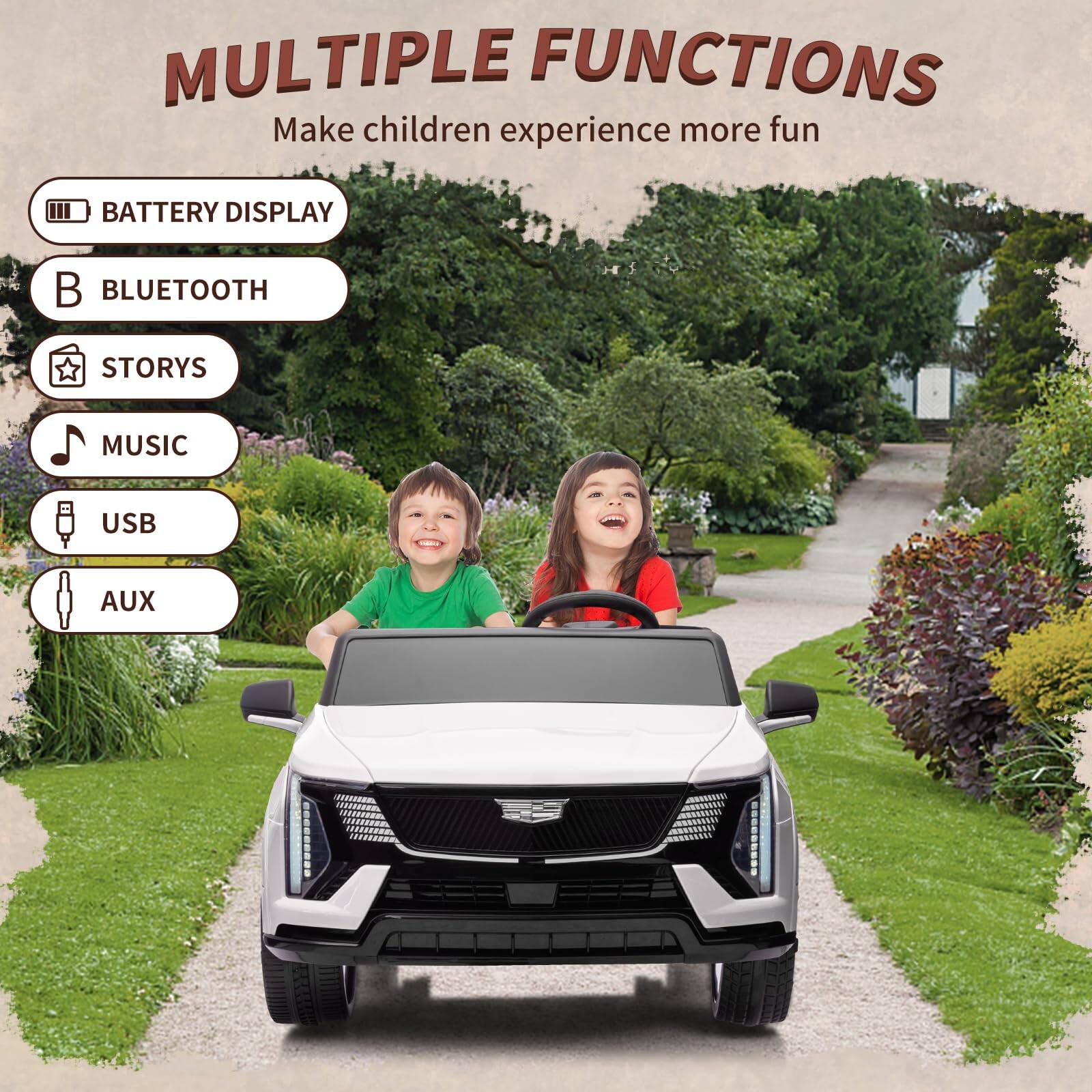 MULTIPLE FUNCTIONS  
Make children experience more fun

- BATTERY DISPLAY
- BLUETOOTH
- STORYS
- MUSIC
- USB
- AUX