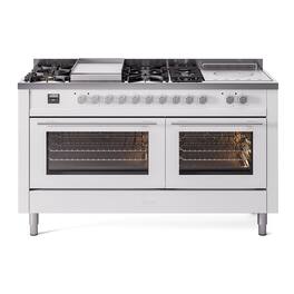 ILVE - Professional Plus II Series 60 in. Dual Fuel Range with 7 Sealed Burners + Griddle (Liquid Propane, Satin Trim) - White