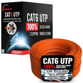 Cables Direct Online - Cat6 23AWG 1000FT Solid Bare Copper CMR ETL Riser Rated Cable, 550MHz Bulk Ethernet Wire with PoE Support - Orange