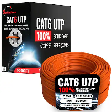 SatMaximum CAT6 UTP Unshielded Network Cable Solid Bare Copper Riser (CMR) 1000FT CAT6 UTP 100% Solid Bare Copper Riser (CMR) 23 AWG Up to 10GBPS CMR ETL Riser Wire 550MHz Bulk Ethernet