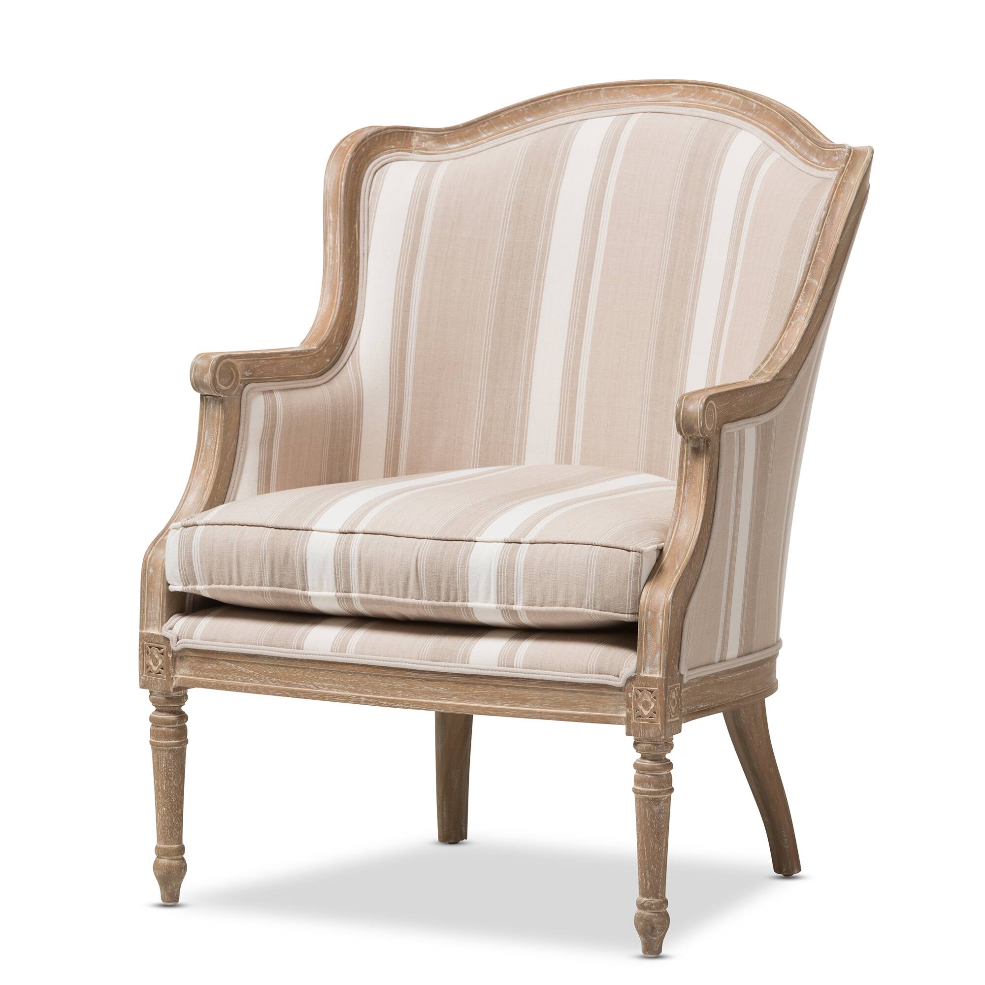 Angle. Baxton Studio - Charlemagne Traditional French Accent Chair-Oak (Stripe) - Beige.