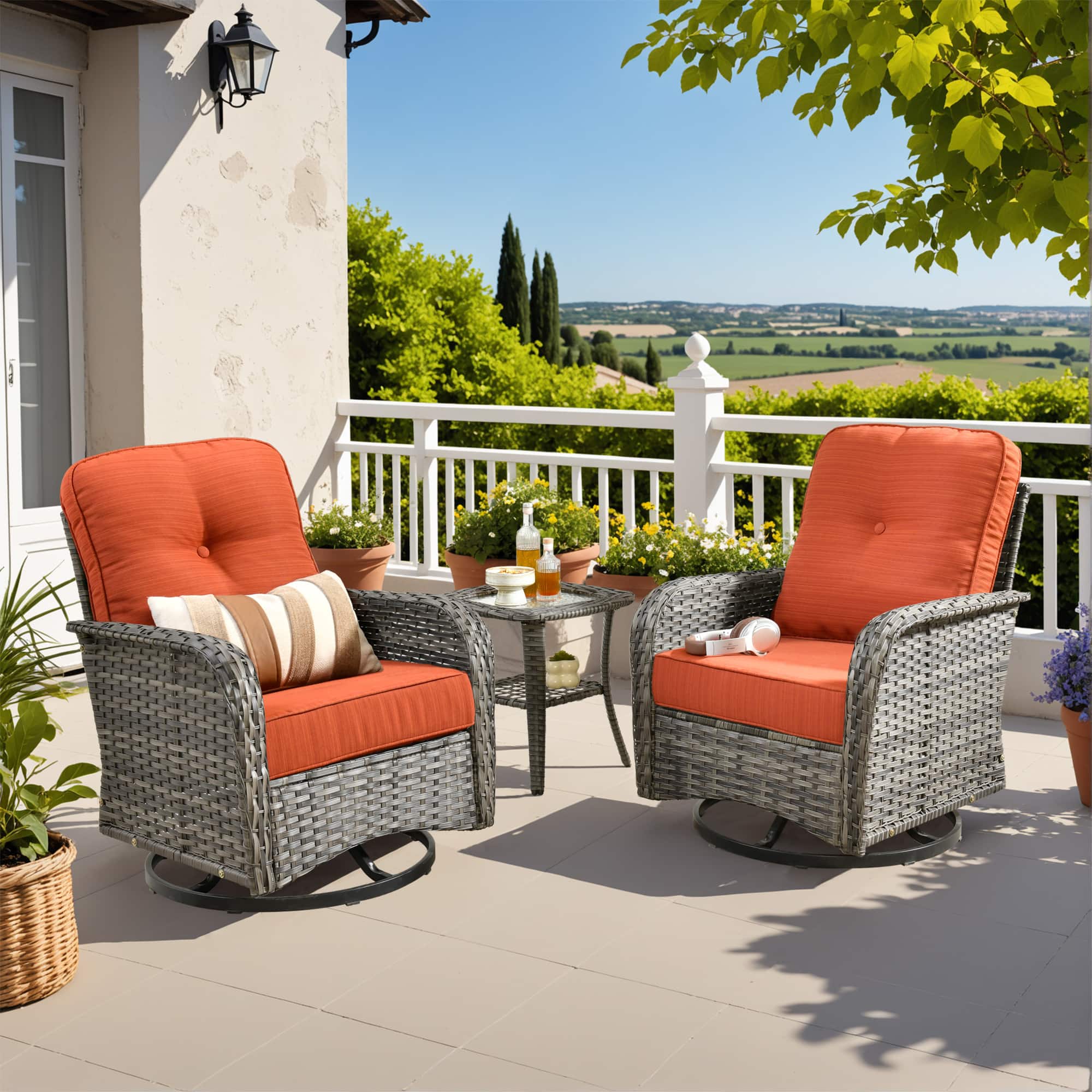 Ovios - 3 PCS Outdoor Patio Furniture Set Swivel Rocking Chairs Wicker Glider Chairs with Side Table - Orange Red