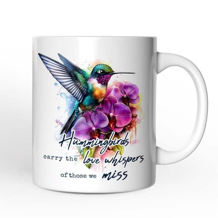 OrnamentallyYou - Artistic Hummingbirds Carry the Love Whispers Quote Mug, Memorial Gift - White