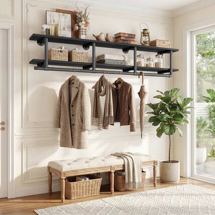 Front. Aheaplus - 72.5'' Wide Wall Industrial Pipe Garment Rack, 2-Tier Wall Clothing Rack for Laundry/Entryway/Closet - Black.