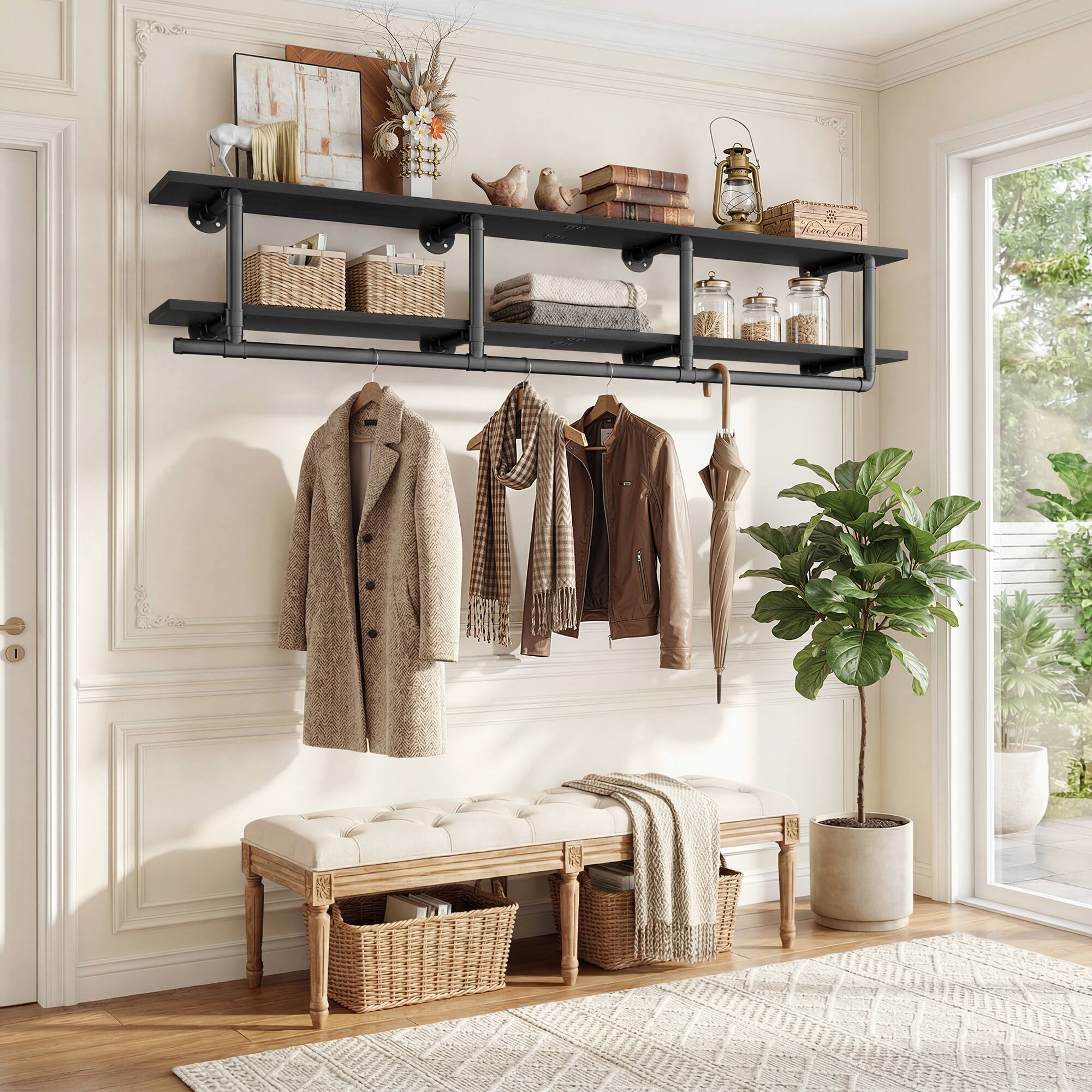 Front. Aheaplus - 72.5'' Wide Wall Industrial Pipe Garment Rack, 2-Tier Wall Clothing Rack for Laundry/Entryway/Closet - Black.