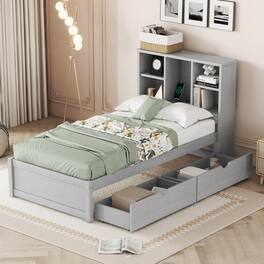 GOODSILO - Contemporary Twin Size Bed Frame with USB Charging Port, Bookcase Headboard, and Underbed Storage Drawers - Gray