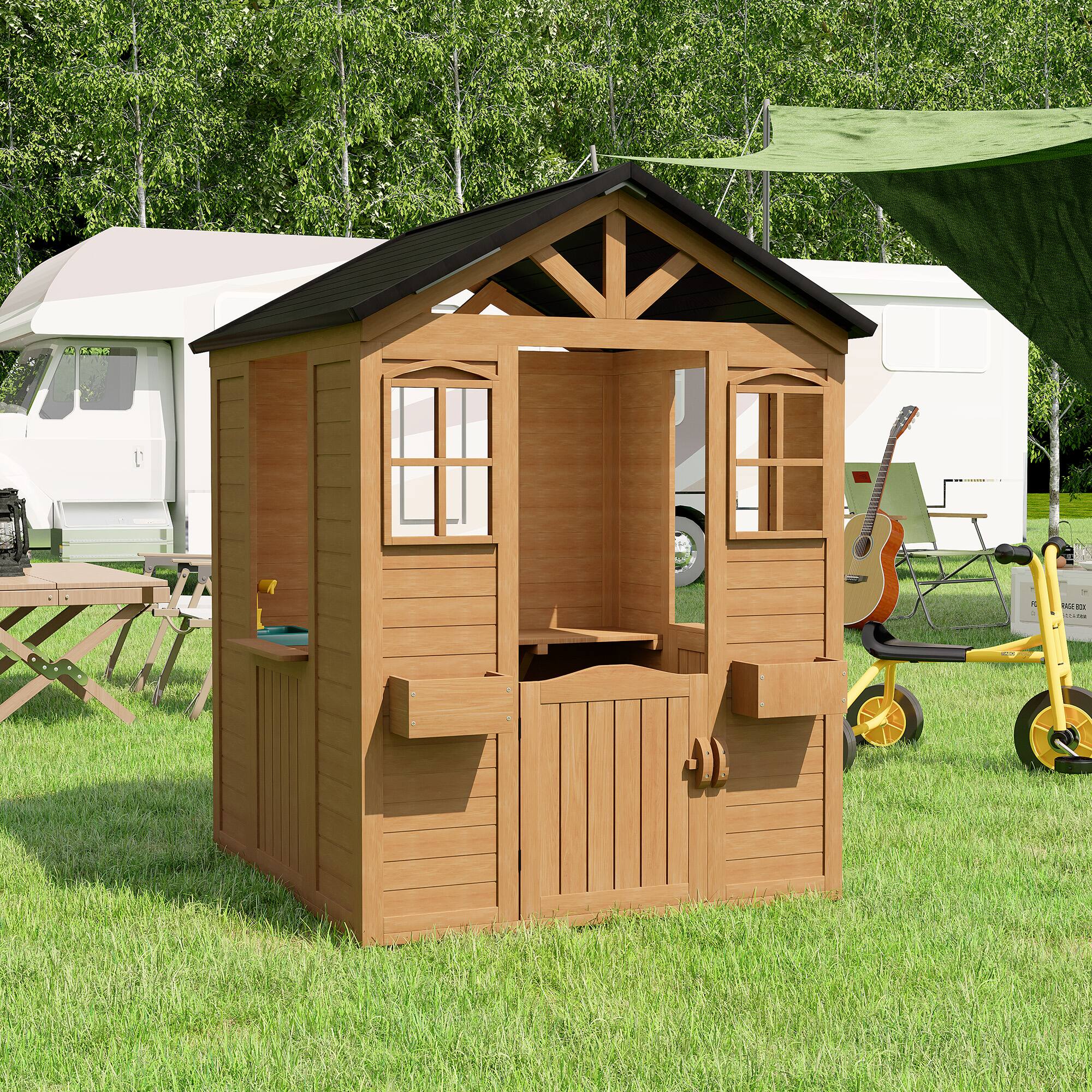 Left. U-HOMY - Wooden Playhouse for Kids with Door & Windows - Wood.