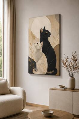 FC Design - Large Black And White Cat Duo Canvas Print 24x36"-Ready-to-Hang Cozy Pet Accent Art Painting Home Wall Décor - MultiColor