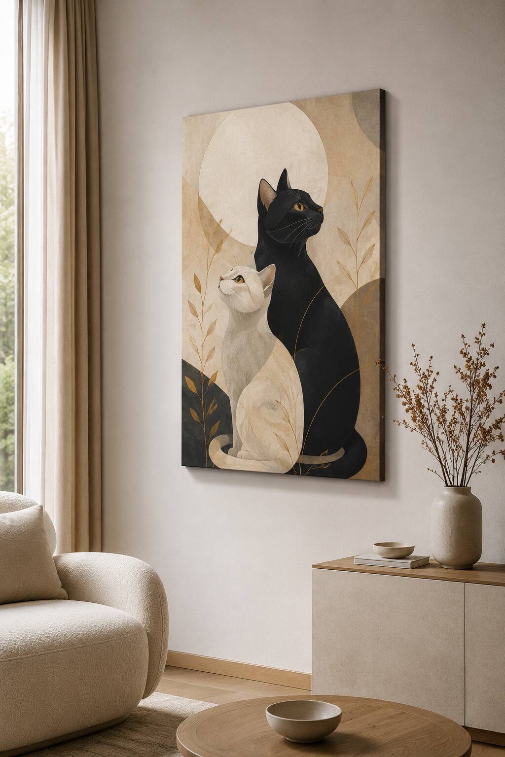 Front. FC Design - Large Black And White Cat Duo Canvas Print 24x36"-Ready-to-Hang Cozy Pet Accent Art Painting Home Wall Décor - MultiColor.