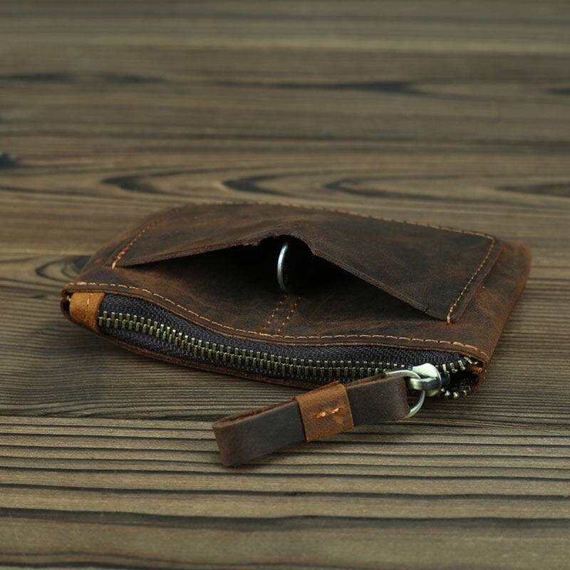 Left. Steel Horse Leather - The Cael | Handmade Leather Coin Purse with Zipper - Brown.