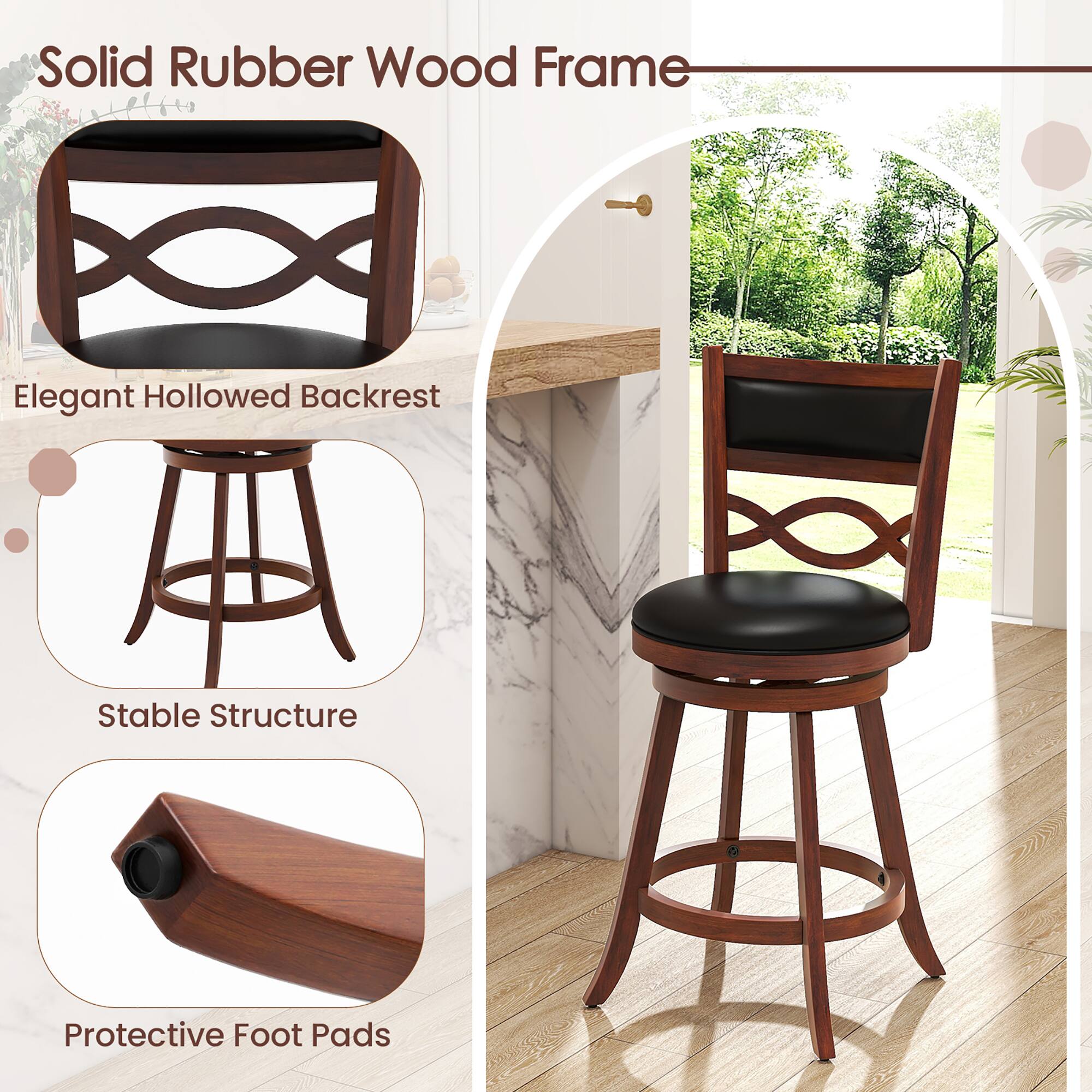 Solid Rubber Wood Frame, Elegant Hollowed Backrest, Stable Structure, Protective Foot Pads