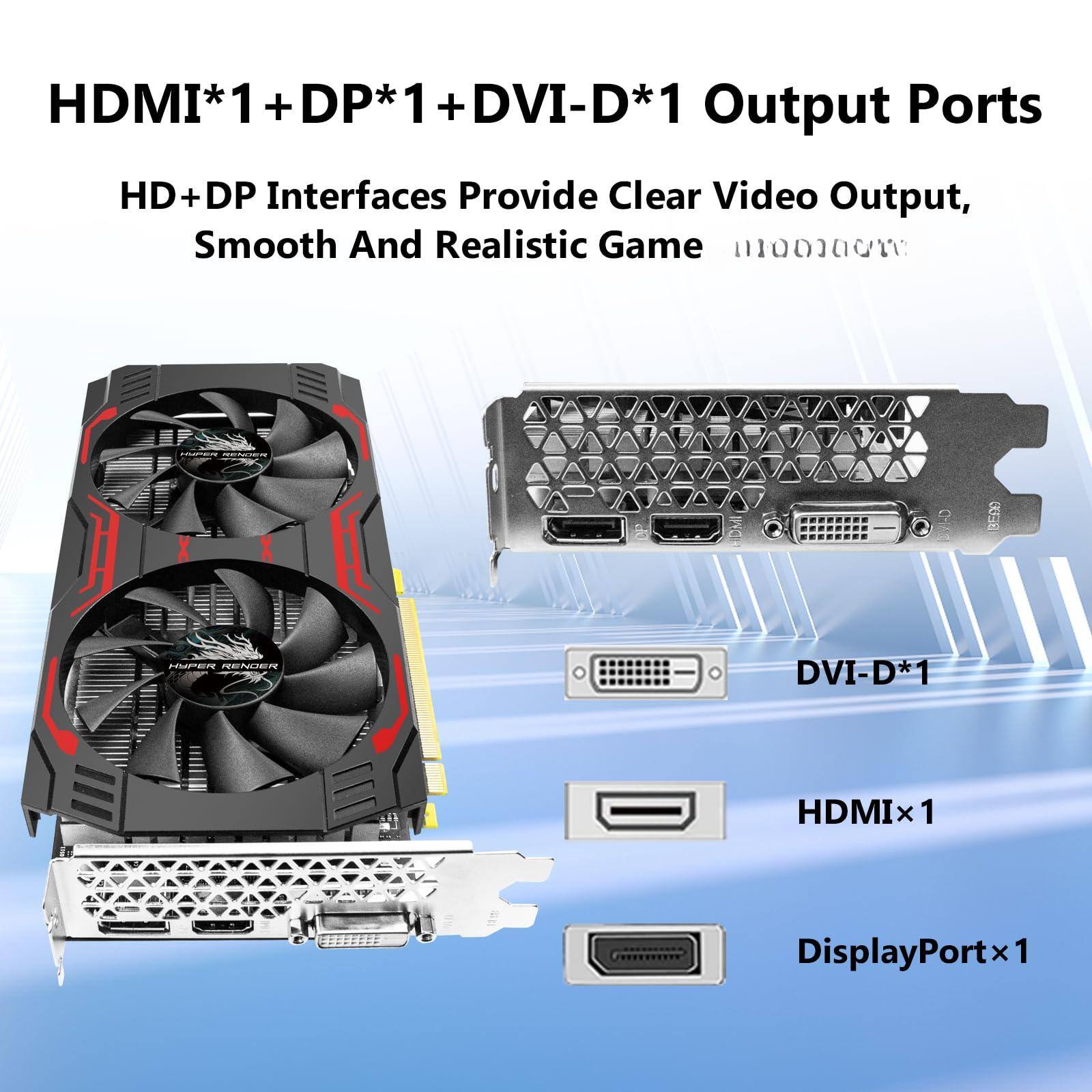 HDMI*1 + DP*1 + DVI-D*1 Output Ports

HD+DP Interfaces Provide Clear Video Output, Smooth And Realistic Game

- DVI-D*1
- HDMI×1
- DisplayPort×1